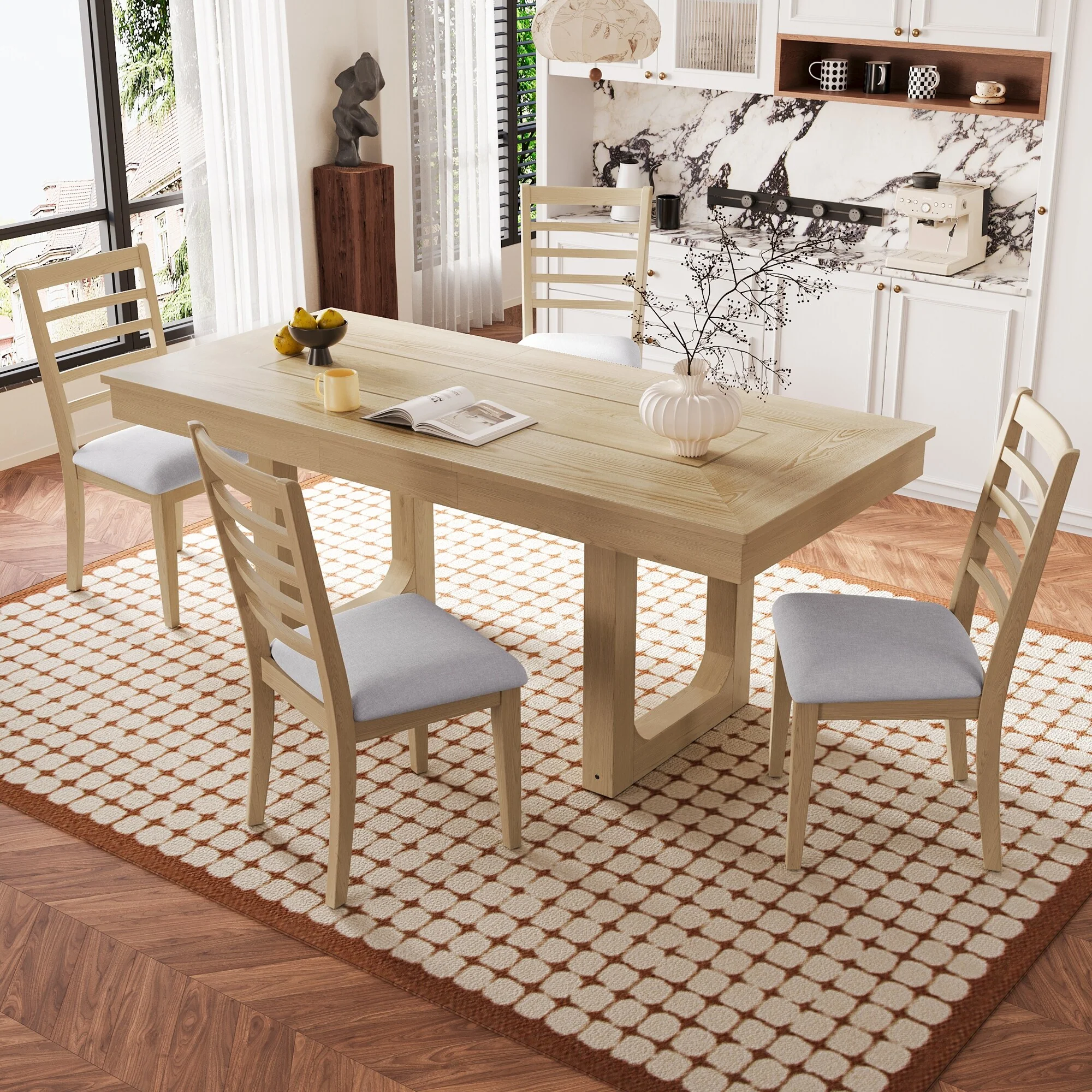 5-Piece Extendable Dining Table Set, Extendable Table with Move Leaf, Wooden Kitchen Table and 6 Upholstered Chairs