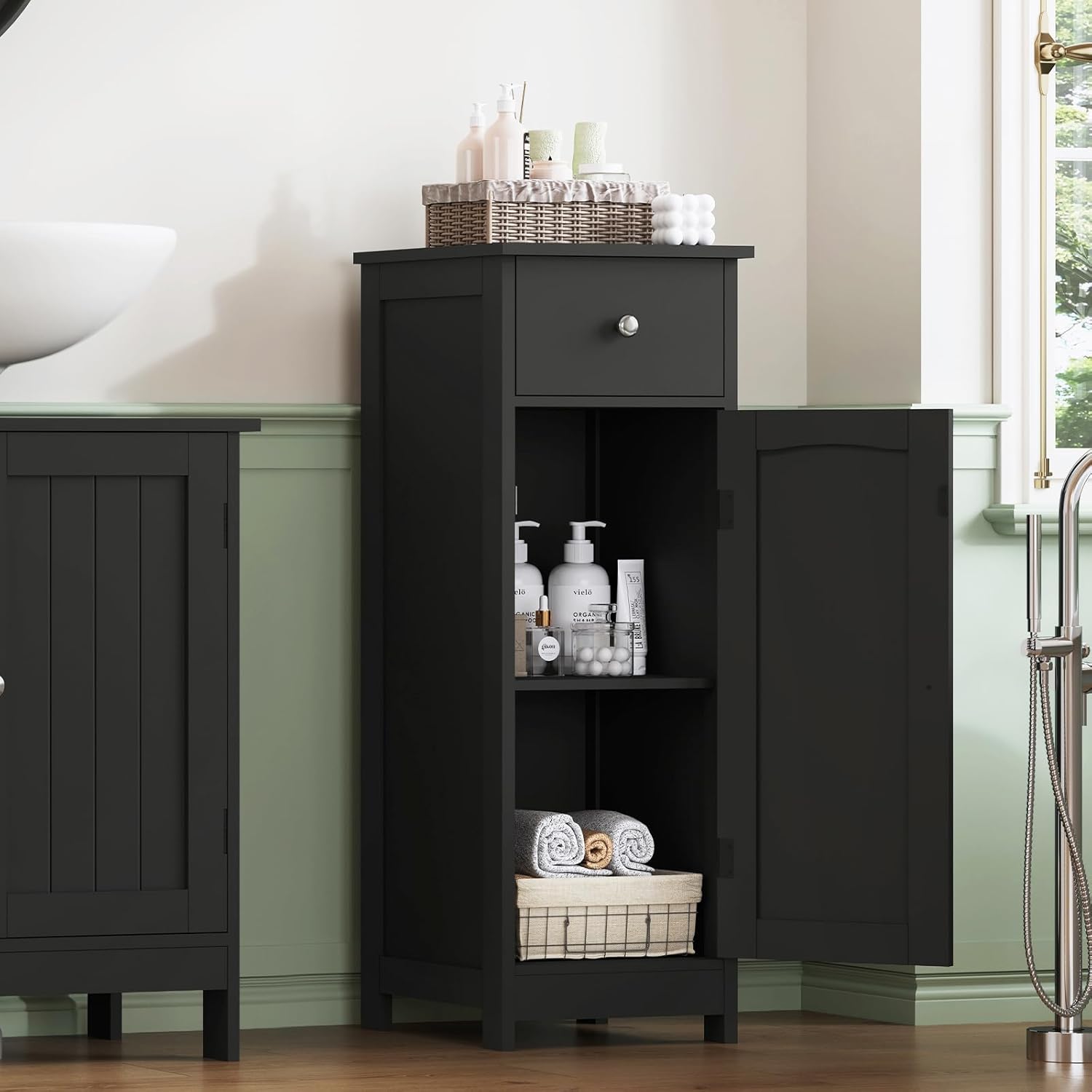 Iwell Bathroom Storage Cabinet, Small Bathroom Floor Cabinet with Drawer & Storage Shelf, Free-Standing Organizer Cabinets for Hallway/Living Room, Black