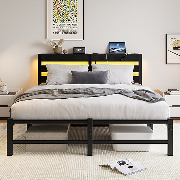 Lit Double 140x190 cm, Lit Métal Ado avec éclairage LED et Prises USB, Rangement Sous le Lit, Sans Matelas, Métal et Bois, Noir