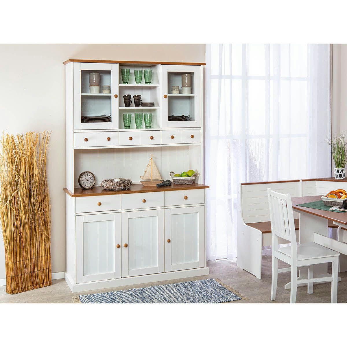 SOCOA - Buffet  vaisselier 5 portes 6 tiroirs bois massif vernis sepia et blan