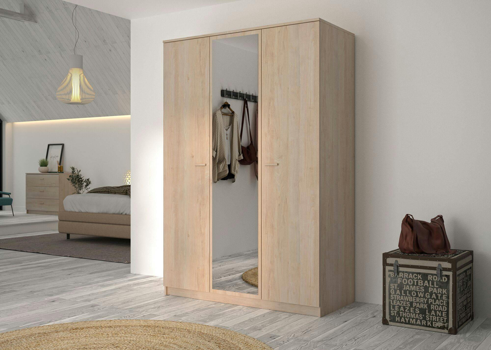 ENORA - Armoire 3 portes 1 miroir effet bois blanc/bois