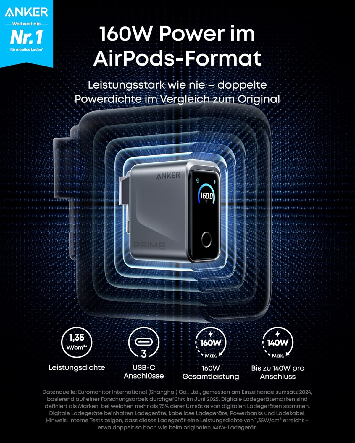 Anker Prime Charger,160W 3-Port Compact GaN USB C Charger Block,Smart Display and Touch Control,Up to 140W Single‑Port Charging,for MacBook Pro,Laptop,iPhone 17 Series(Cable Not Included,Non-Battery)