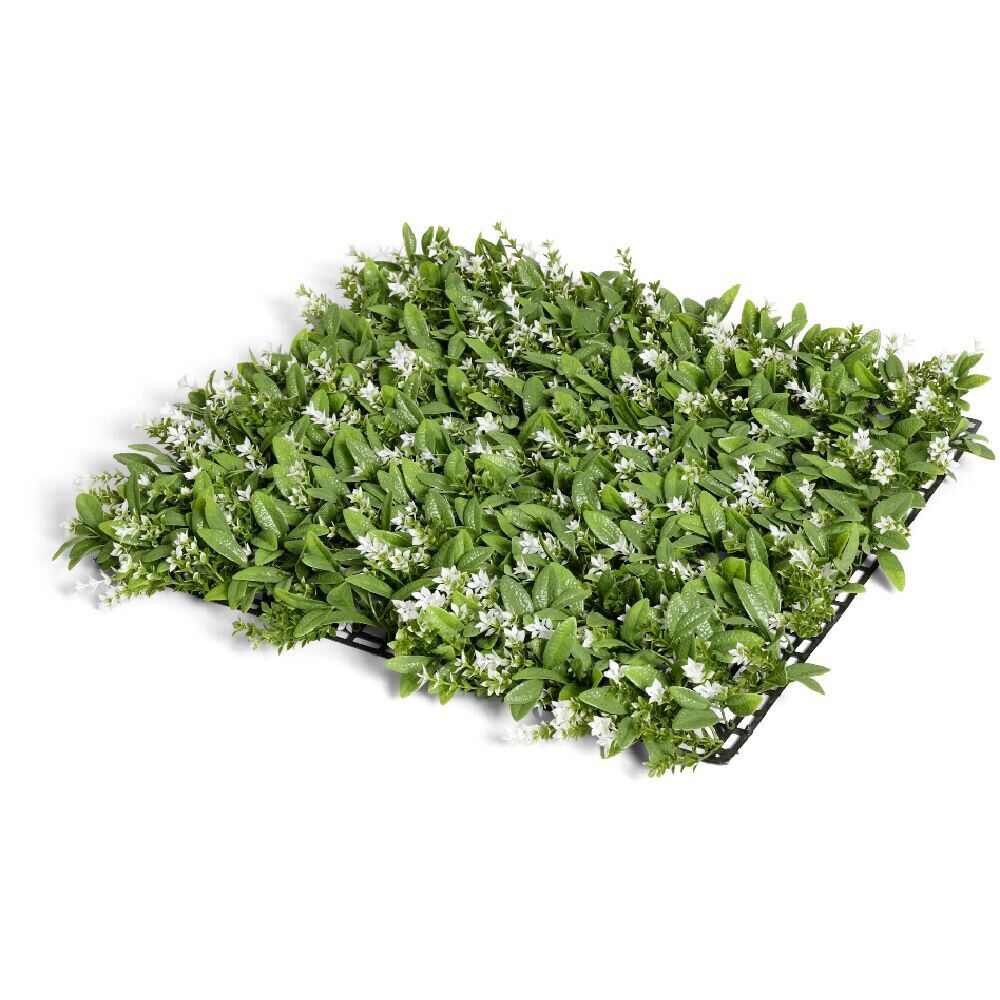 Carré végétal artificiel feuillage et fleurs blanches 50x50cm clipsable