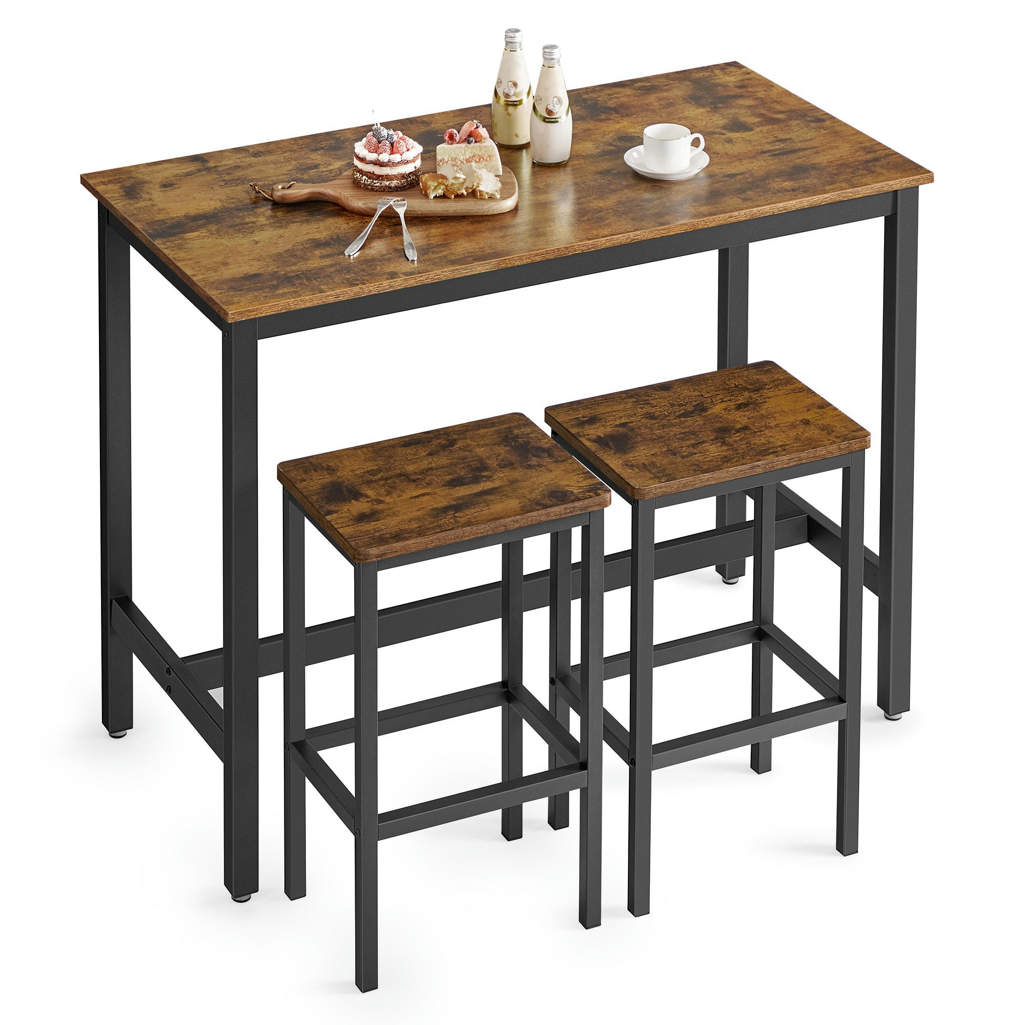 - Ensemble table de bar avec 2 tabourets effet bois marron rustique