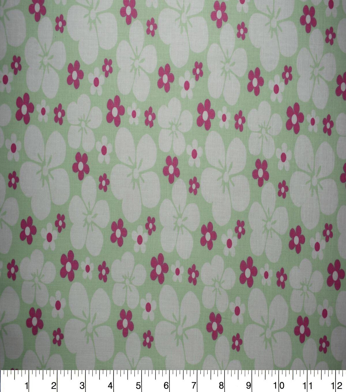 White & Pink Floral on Mint Quilt Cotton Fabric by Quilter's Showcase