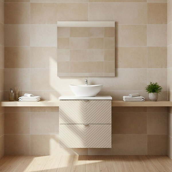 Ensemble de salle de bain AOKI : meuble sous vasque à tiroirs 60cm et plan vasque blanc et vasque blanche ronde à poser