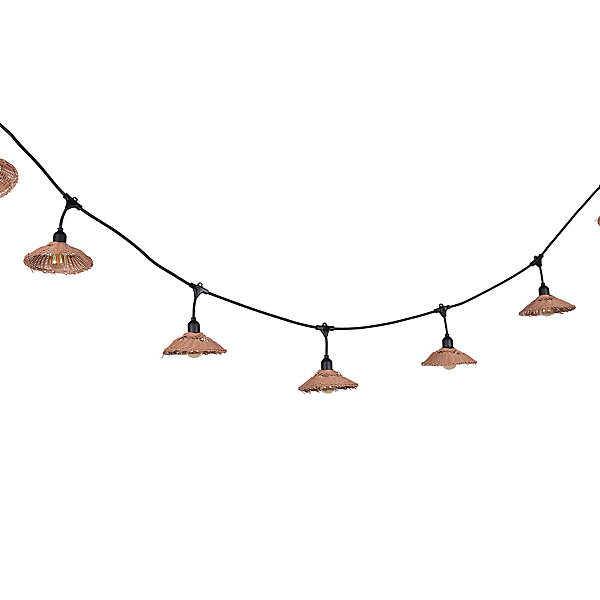 Guirlande esprit guinguette Little Garden 10 lumières E27 70lm IP44 blanc chaud 6m abat-jour en rotin PVC
