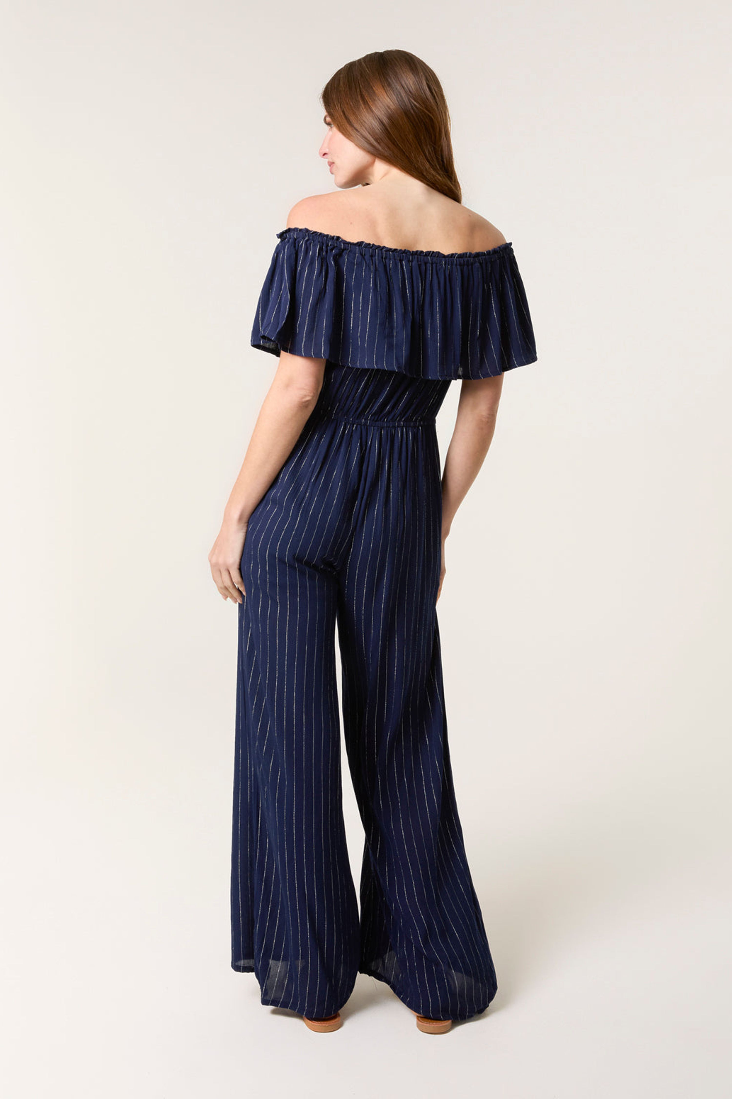 Blue Vanilla Navy Bardot Tie Waist Jumpsuit