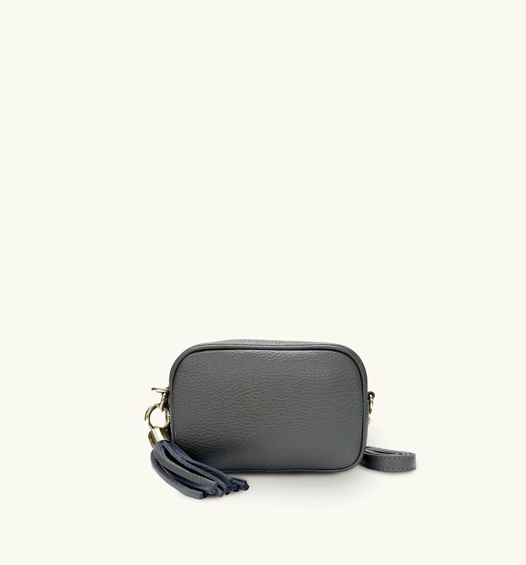 Apatchy London The Mini Tassel Dark Grey Leather Phone Bag With Grey Leopard Strap
