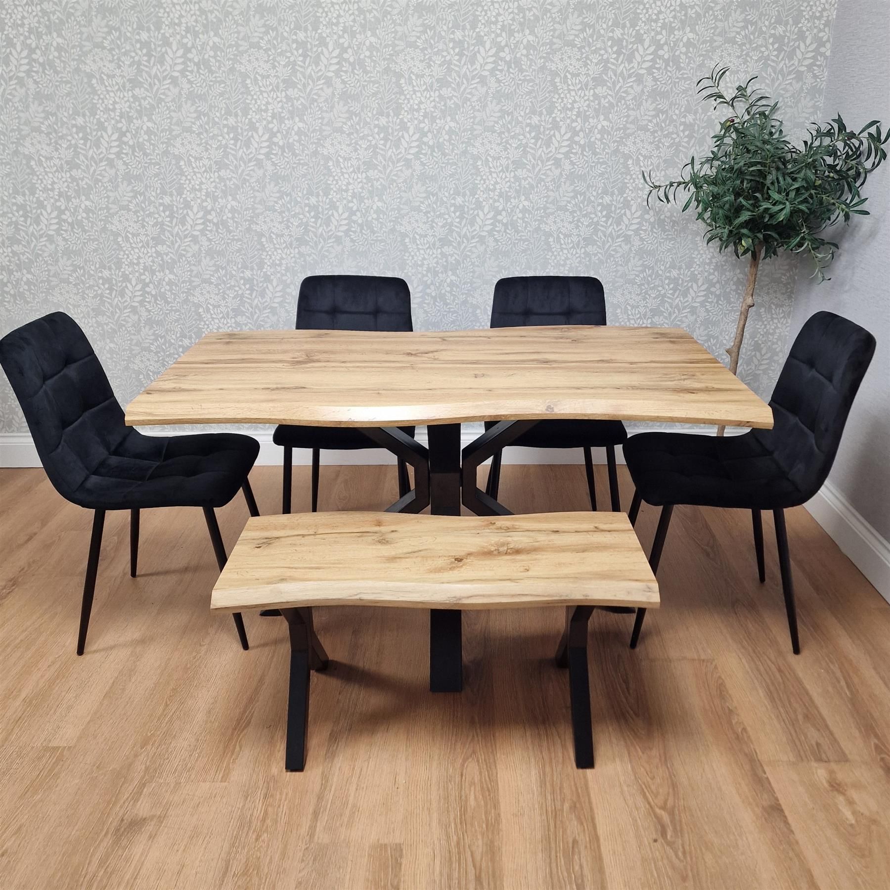 KOSY KOALA Wooden Dining Table with Bench and 4 Black Velvet Chairs, Stylish Dining Room Furniture