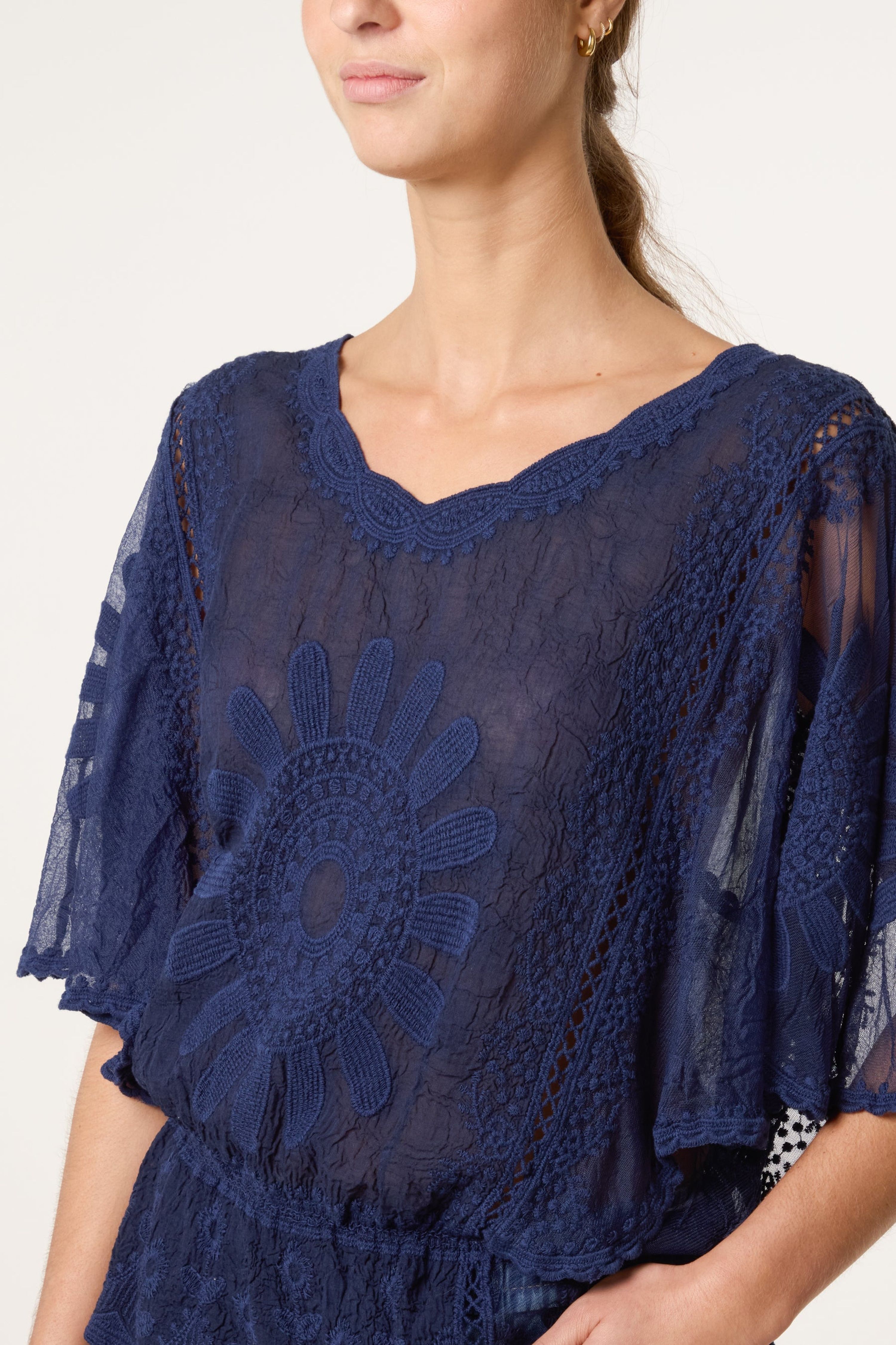 Blue Vanilla Navy Sun Flower Lace Sleeve Blouse