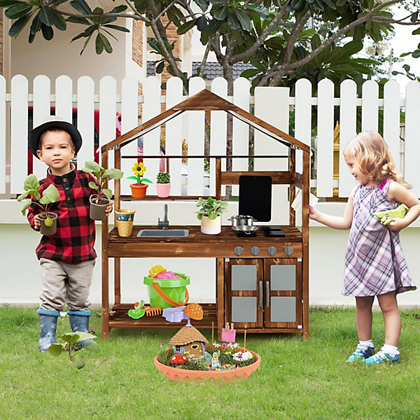 Cuisine extérieure enfant en bbois avec toit, tableau noir, poêles, 2 en 1 evier , pour enfants 3  ans, 100x42x126cm, naturel
