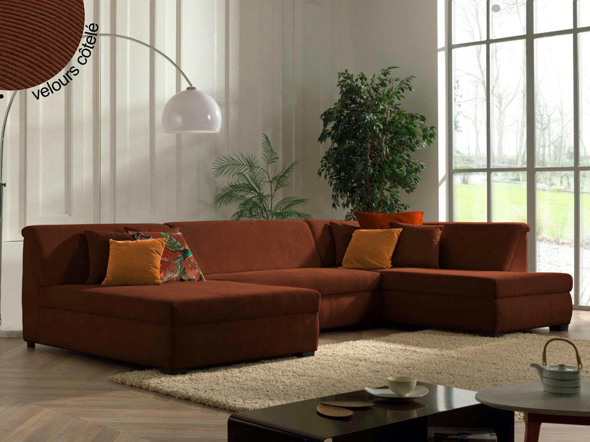 MALCOM - Canapé panoramique 7 places angle droit en velours côtelé rouille