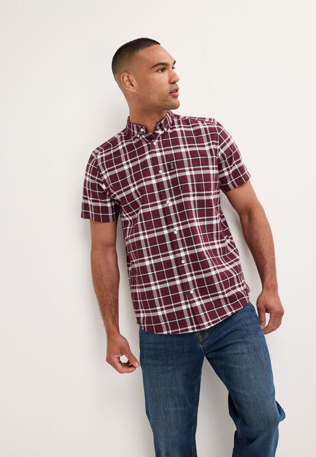 Mens Plum Check Cotton Oxford Shirt