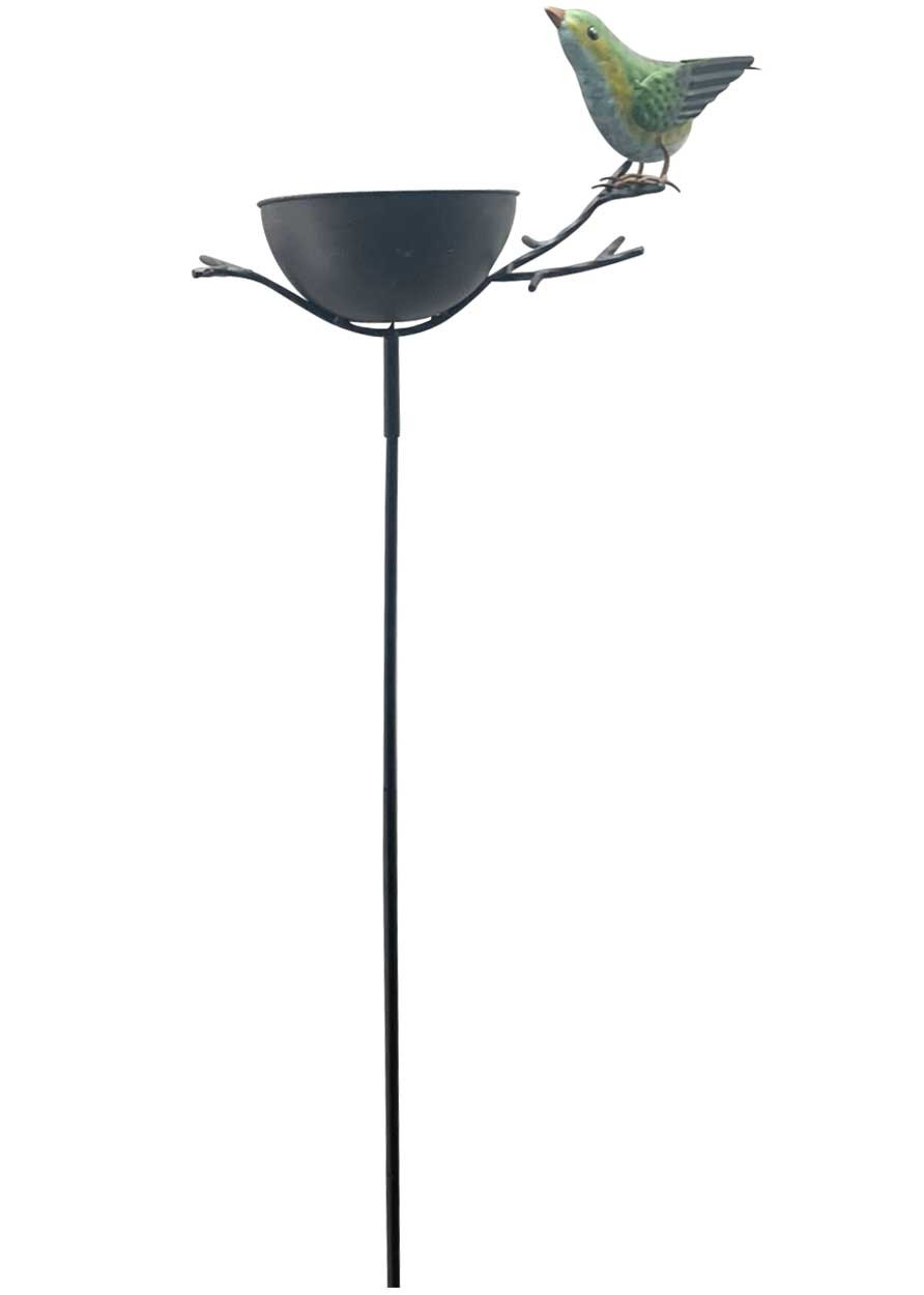 Metalowe poidełko i karmnik ogrodowy z ptakiem na gałązce 122 cm