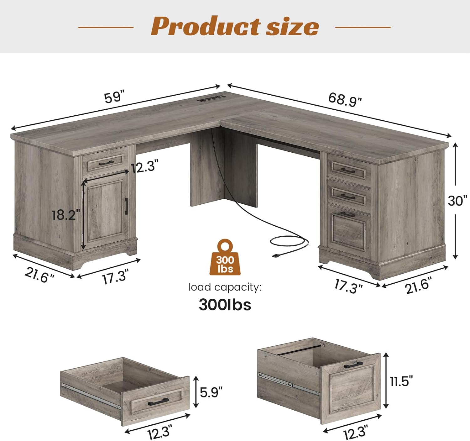 SEDETA 69 L Shaped Desk with Drawers and Storage, Farmhouse Computer Desk with File Drawers and Power Outlet, Corner Executive Desk with Storage Cabinet for Home Office, Grey