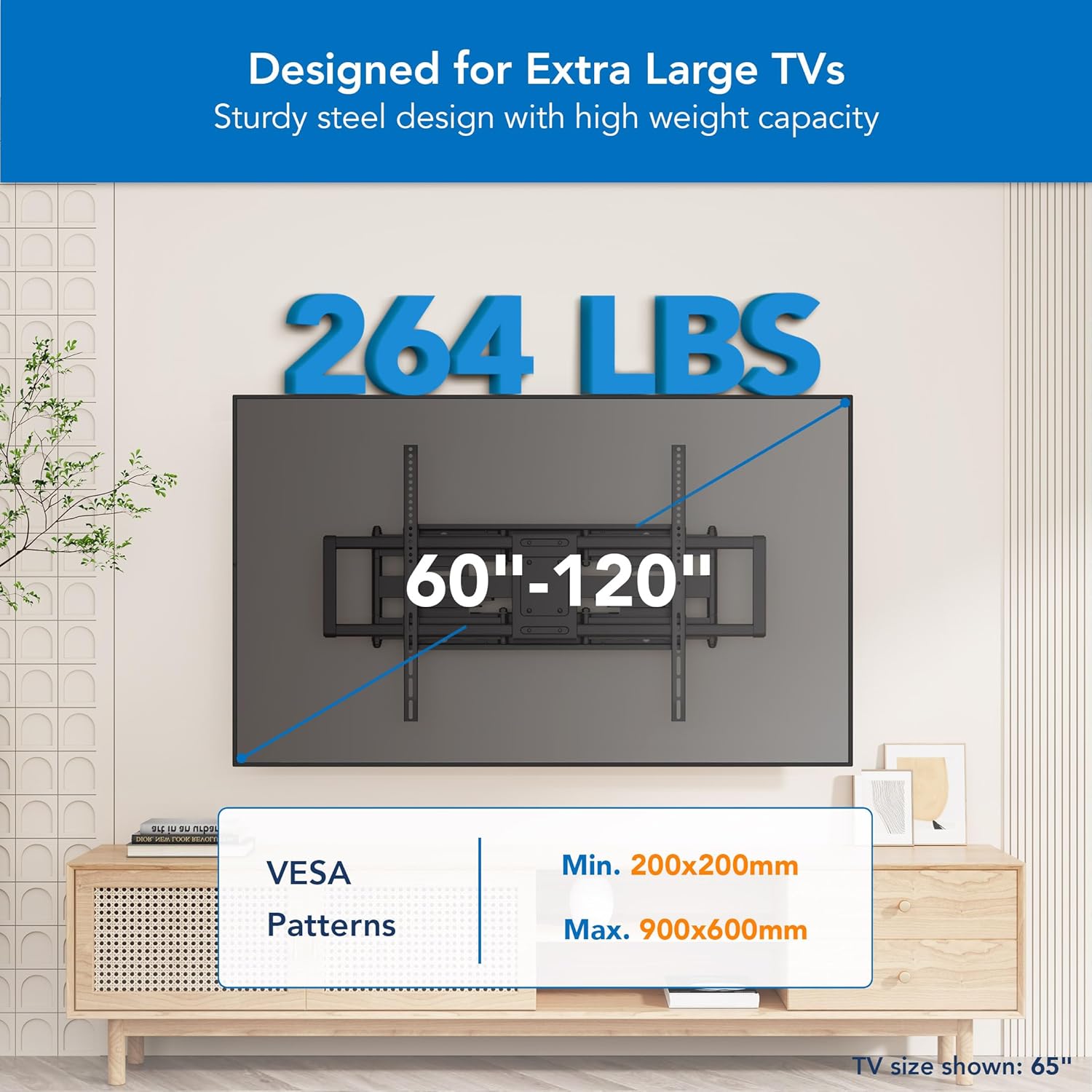Mount-It! Heavy Duty XXL Full Motion TV Wall Mount for Extra Large TVs  max VESA 900x600  Holds up to 264lb  Swivel Tilt Extension Adjustable TV Mount for 60 65 75 80 85 90 98 100 115 120 in