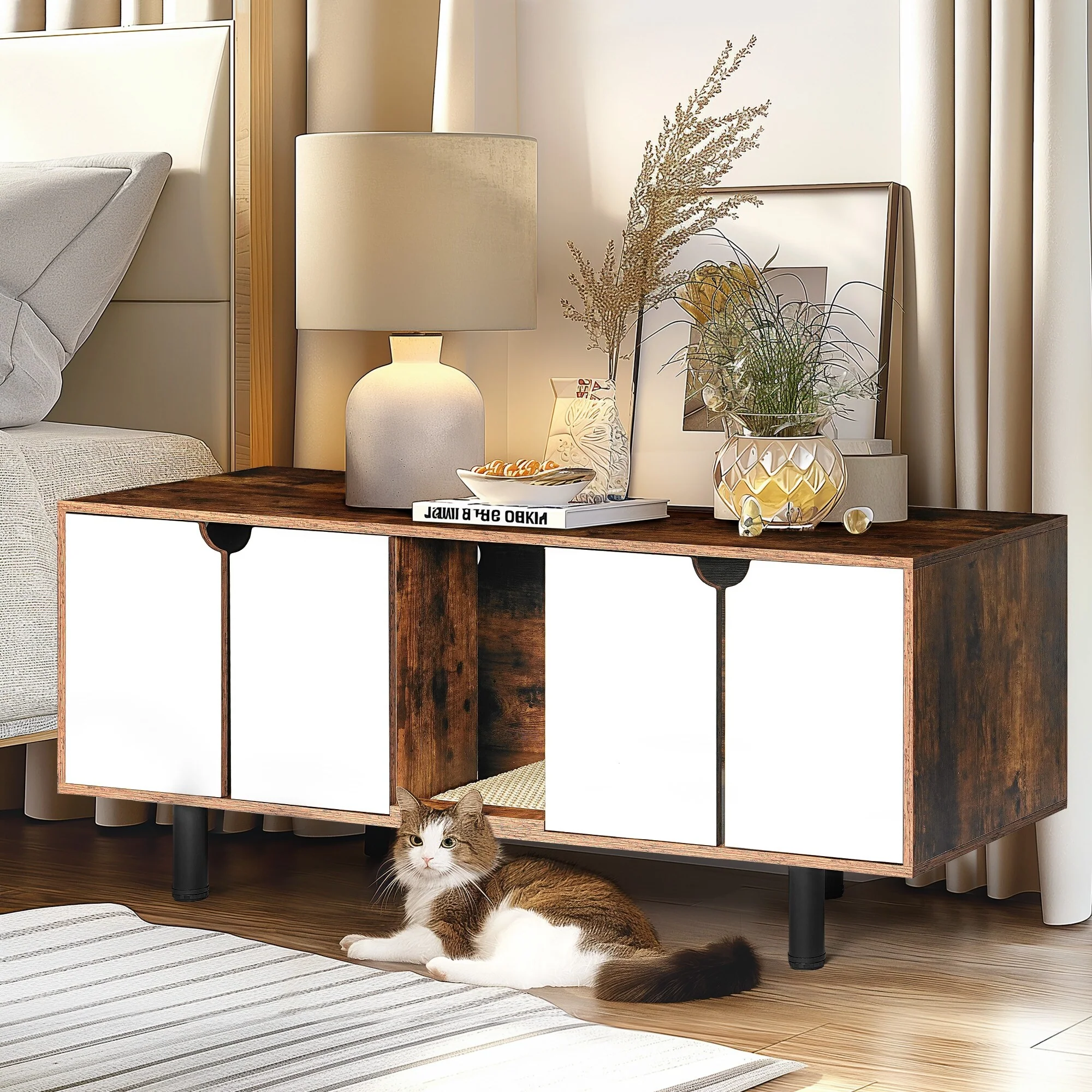 Cat Litter Box Enclosure for 2 Cats,Double Hidden Litter Box Furniture Large Cat Washroom,Cat House Cabinet End Table