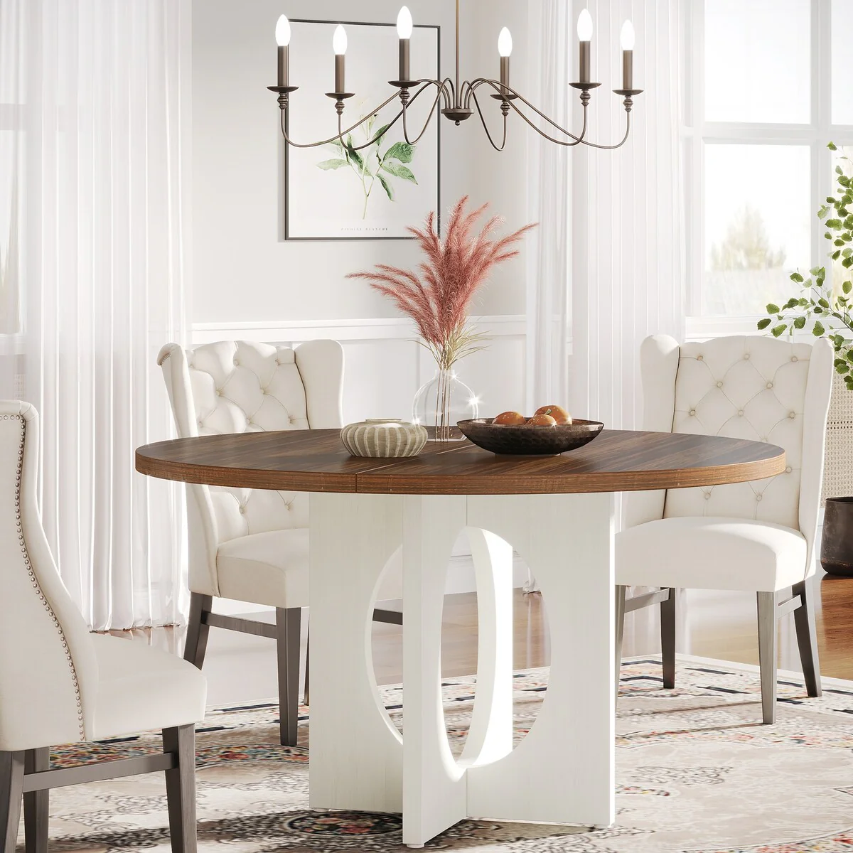 Round Dining Table for 4-6 People, 47'' Wood Farmhouse Kitchen Table