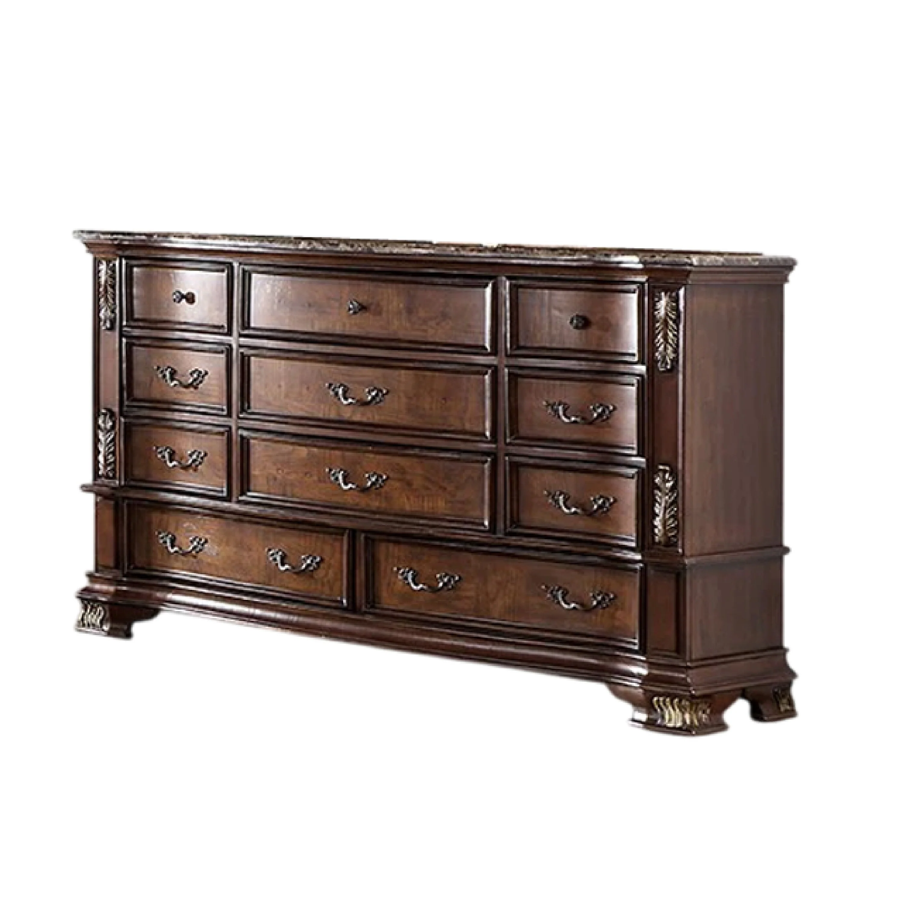 Prio Wide Dresser, 11 Drawers, Marble Top, Carved Cherry Brown Wood