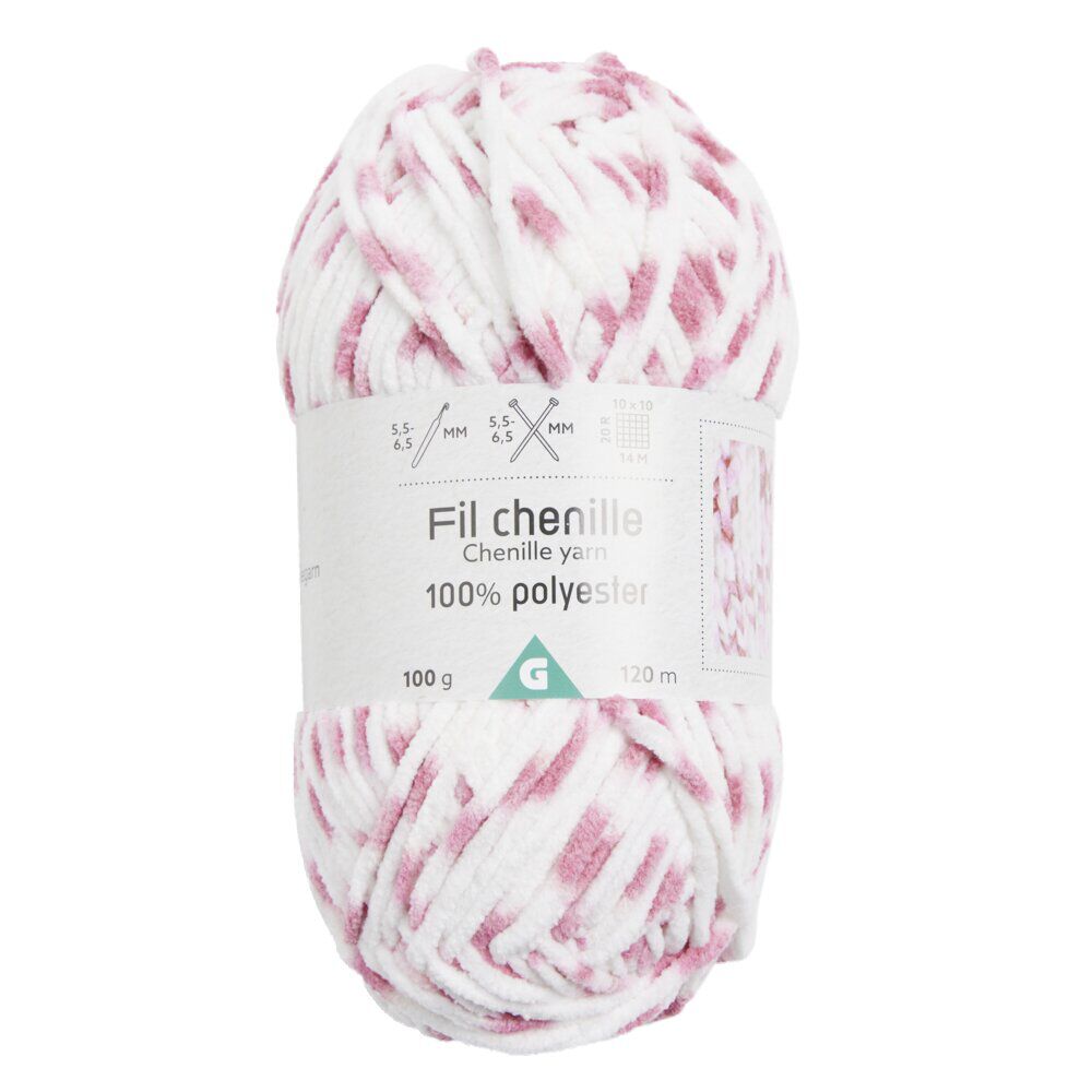 Pelote de fil à tricoter chenille blanc et rose 120m