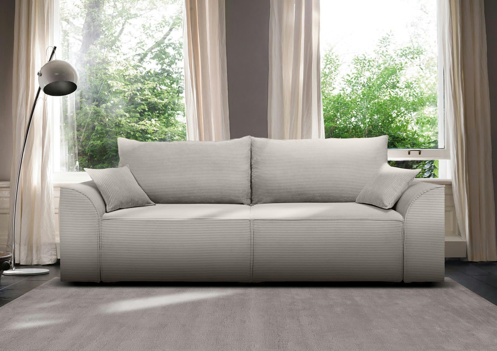 ALPHA - Canapé droit convertible 3 places  en velours côtelé grège