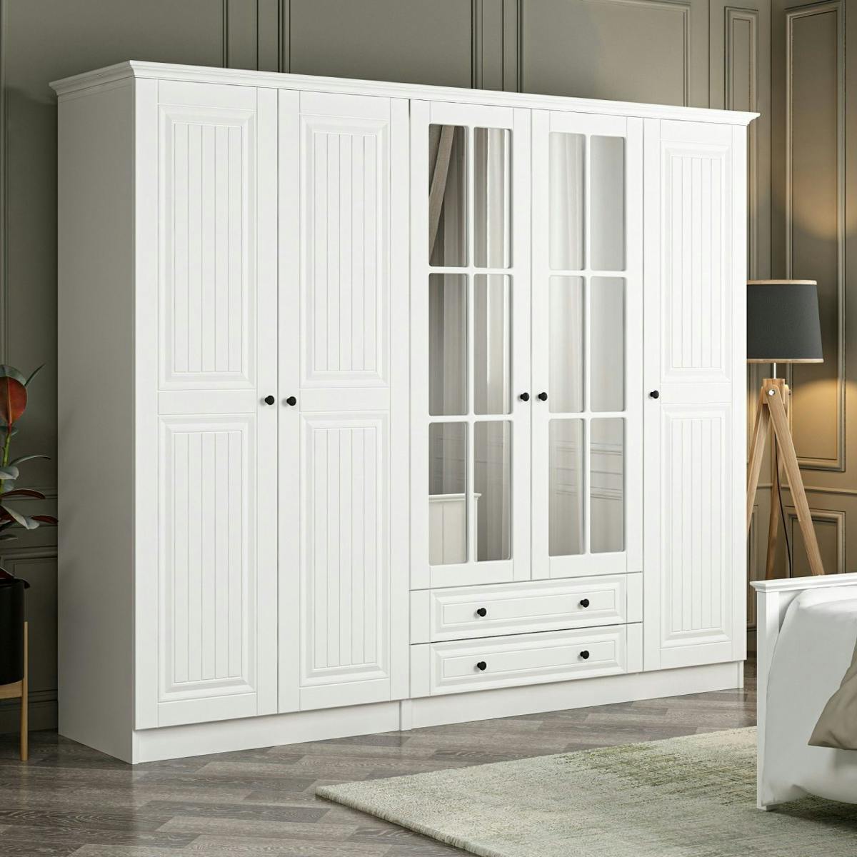 Armoire penderie blanche à moulures, 5 portes 2 miroirs BYRON