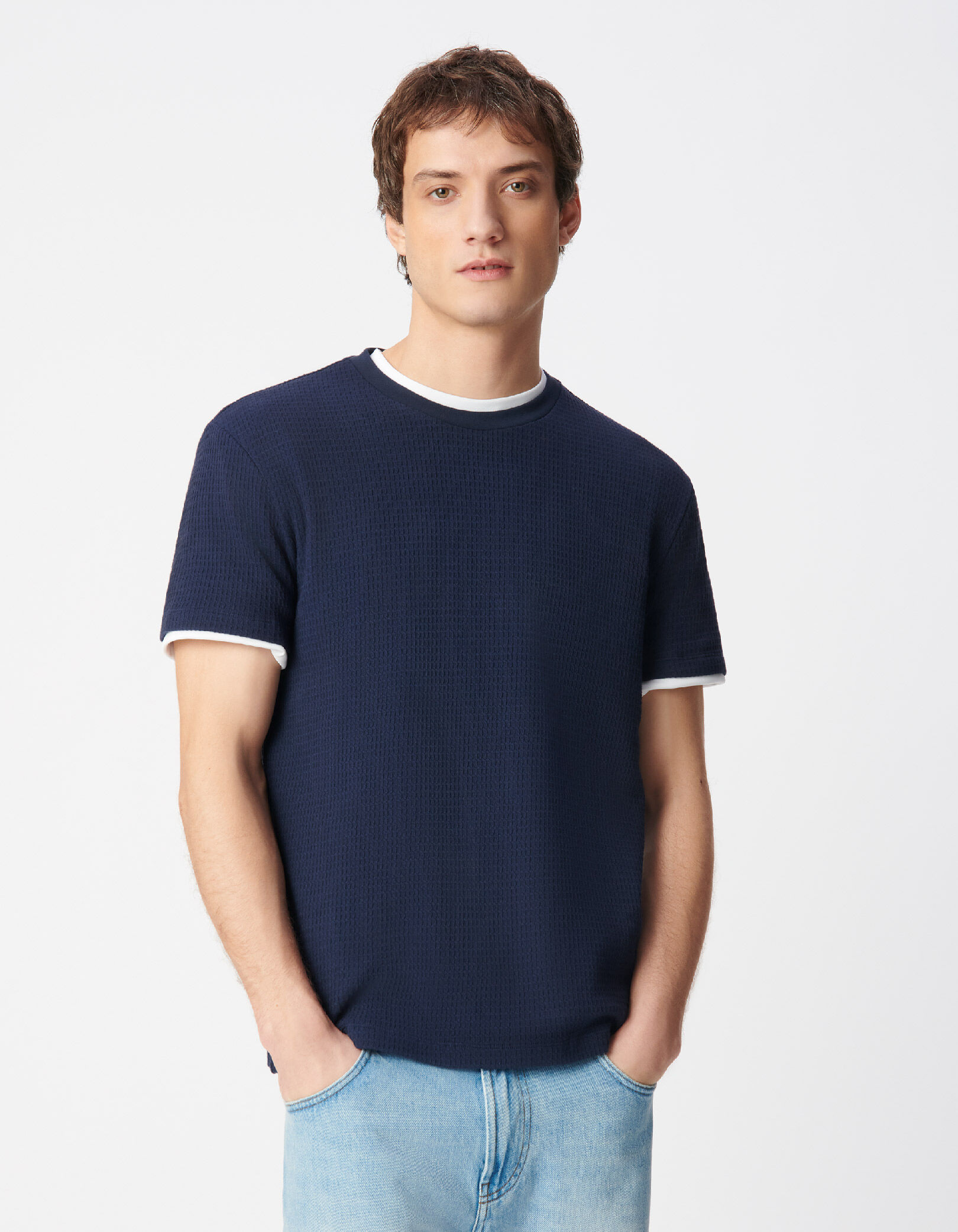 T-shirt col rond marine coton bio avec relief Homme