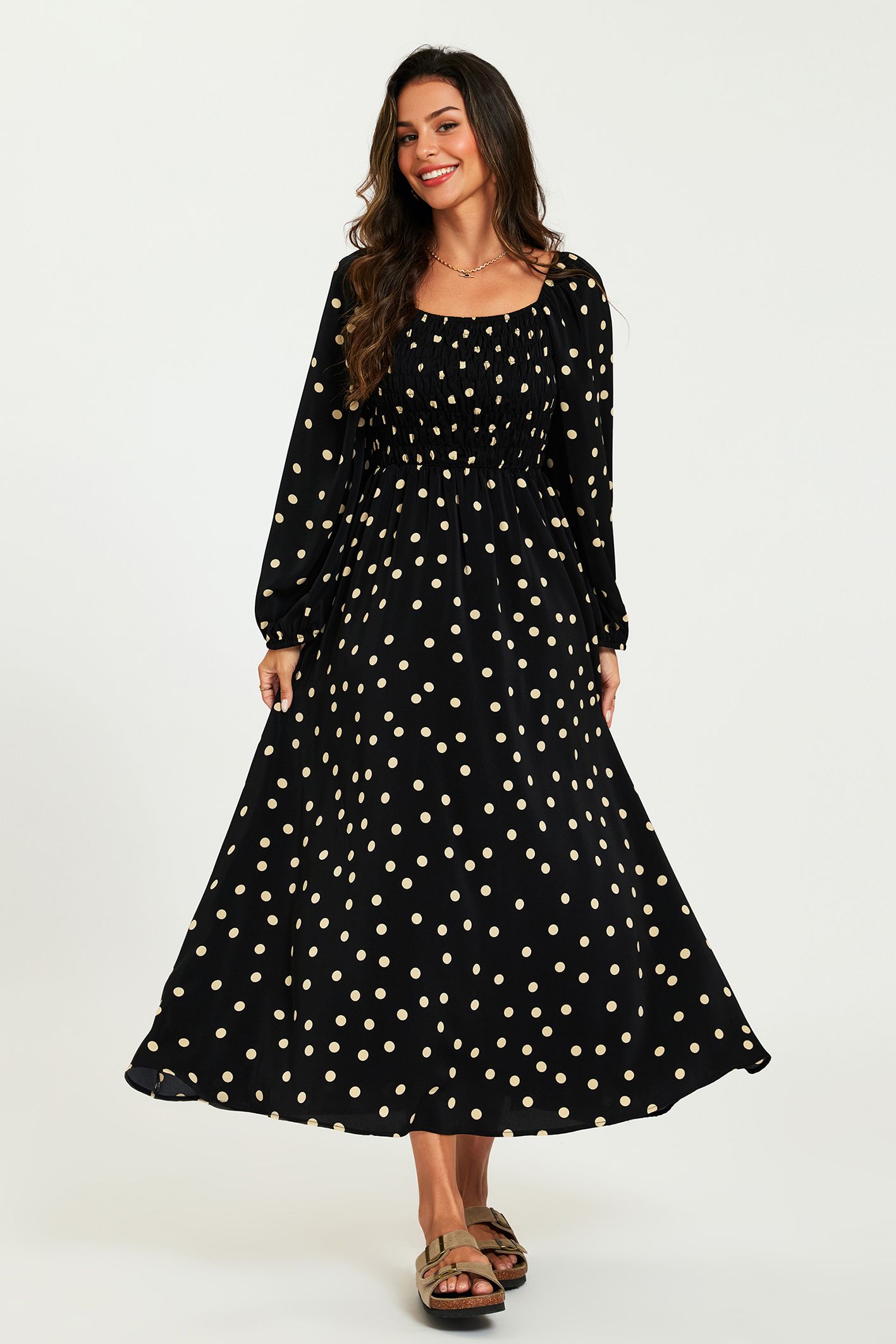 FS Collection Polka Dot Square Neck Maxi Dress In Black