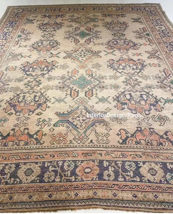 Antique Oushak Rug Beige Blue 8x10 9x12 10x14 Turkish Rug Handmade Wool Rug Living Room Kid's Hallway Rug Area Hand Knotted Rug