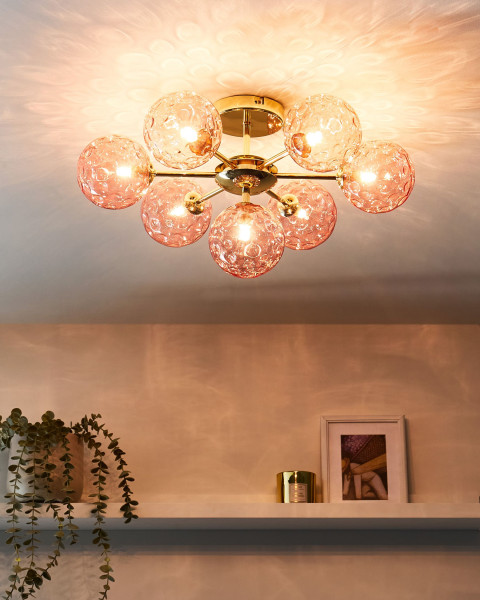 Lampa sufitowa 7-punktowa szklane klosze różowe