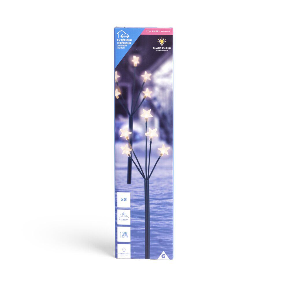 Lot de 2 piques lumineux à planter 5 tiges étoile LED blanc chaud H38cm