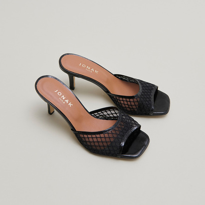 Mules à talonsen cuir brillant noir et mesh noir | VOILE