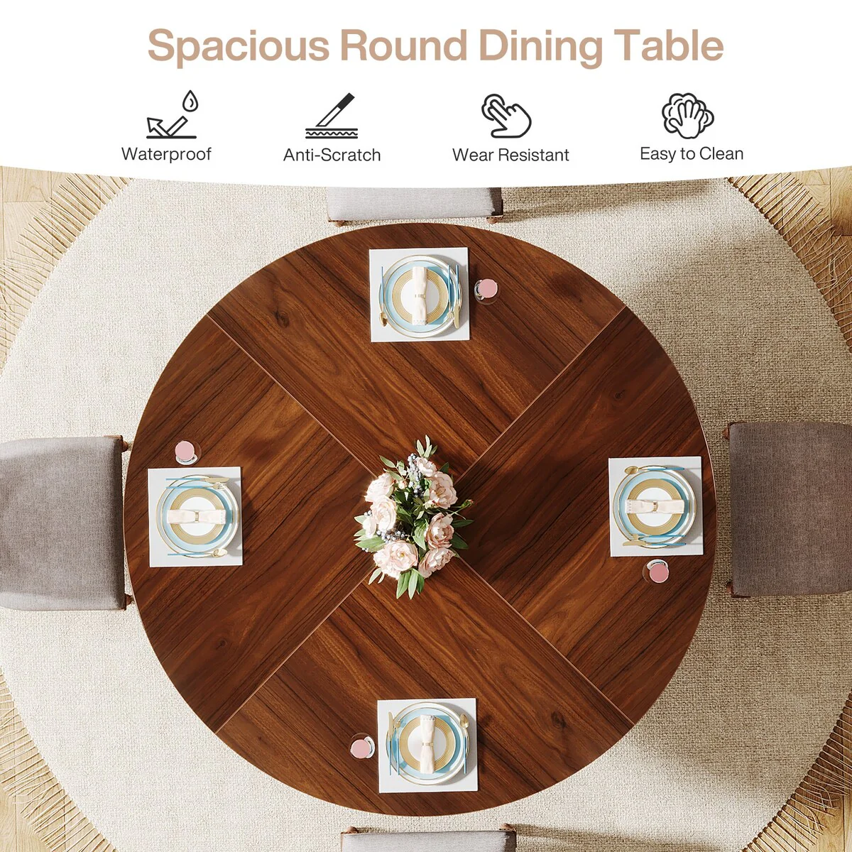 Round Dining Table for 4-6 People, Rustic Circle Dinner Table for Kitchen, Dining Room