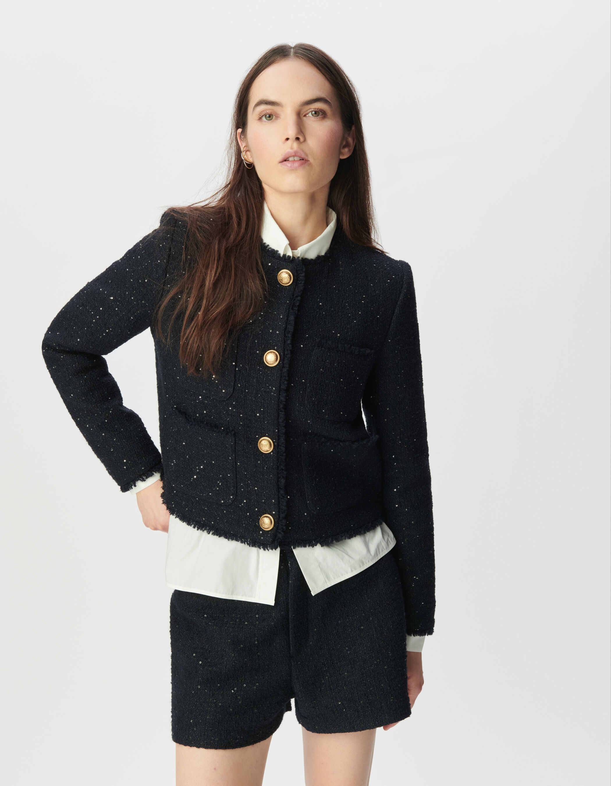 Veste courte marine effet tweed et sequins brodés Femme