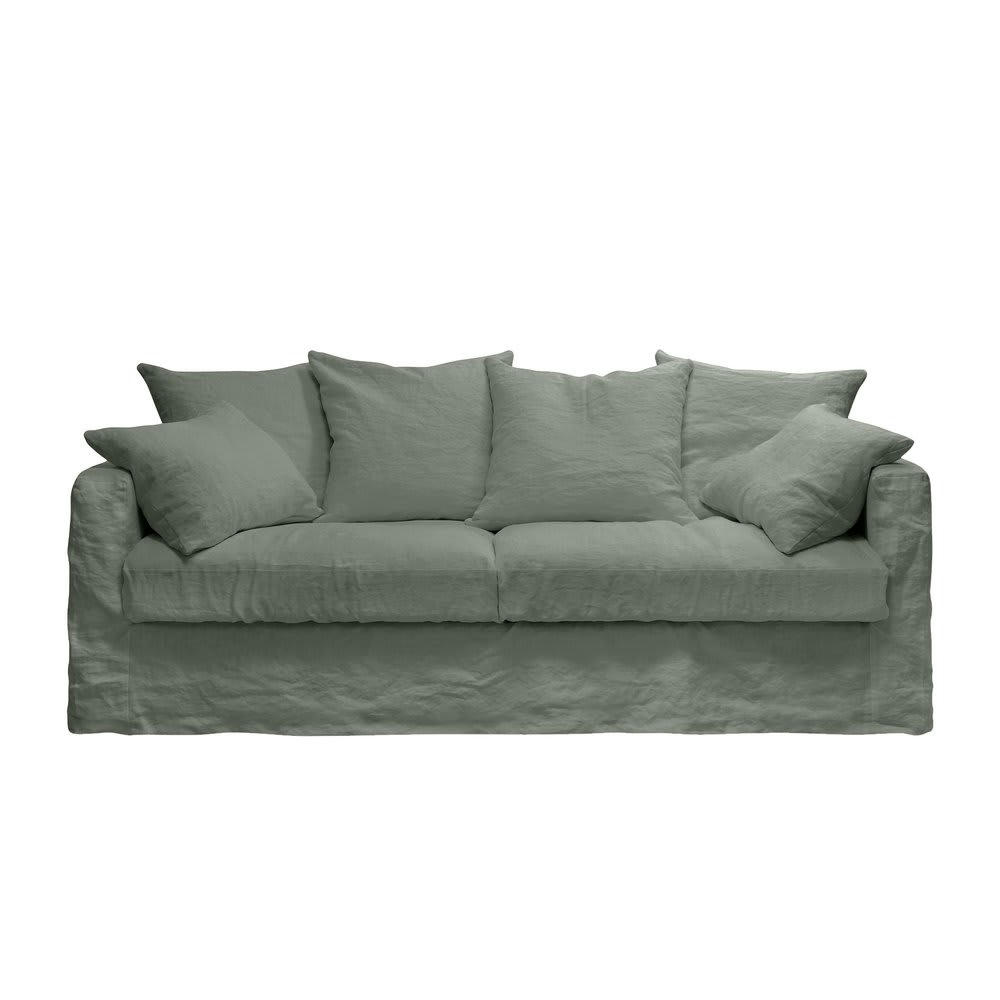 PERUGIA - Canapé 4 places fixe en tissu lin kaki - PERUGIA