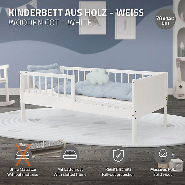 Lit d'enfant ML-Design 70x140 cm simple blanc en bois de pin avec sommier à lattes sans matelas