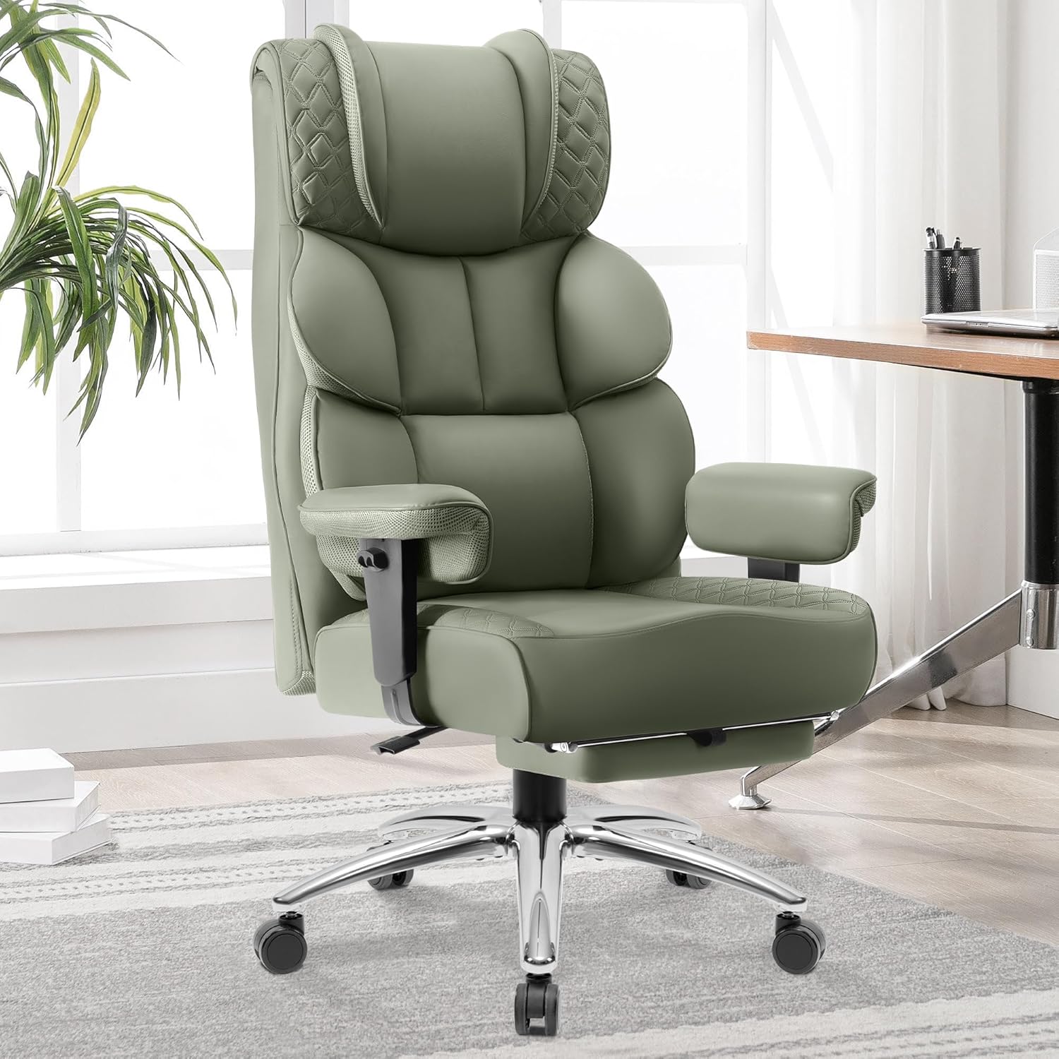 BestGlory Office Desk Chair, Big and Tall Leather Gaming Chair with Footrest, Wide Ergonomic Comfy Executive High-Back Reclining Computer Chairs, Swivel Rolling Wheels and Padded Lumbar Support, Green