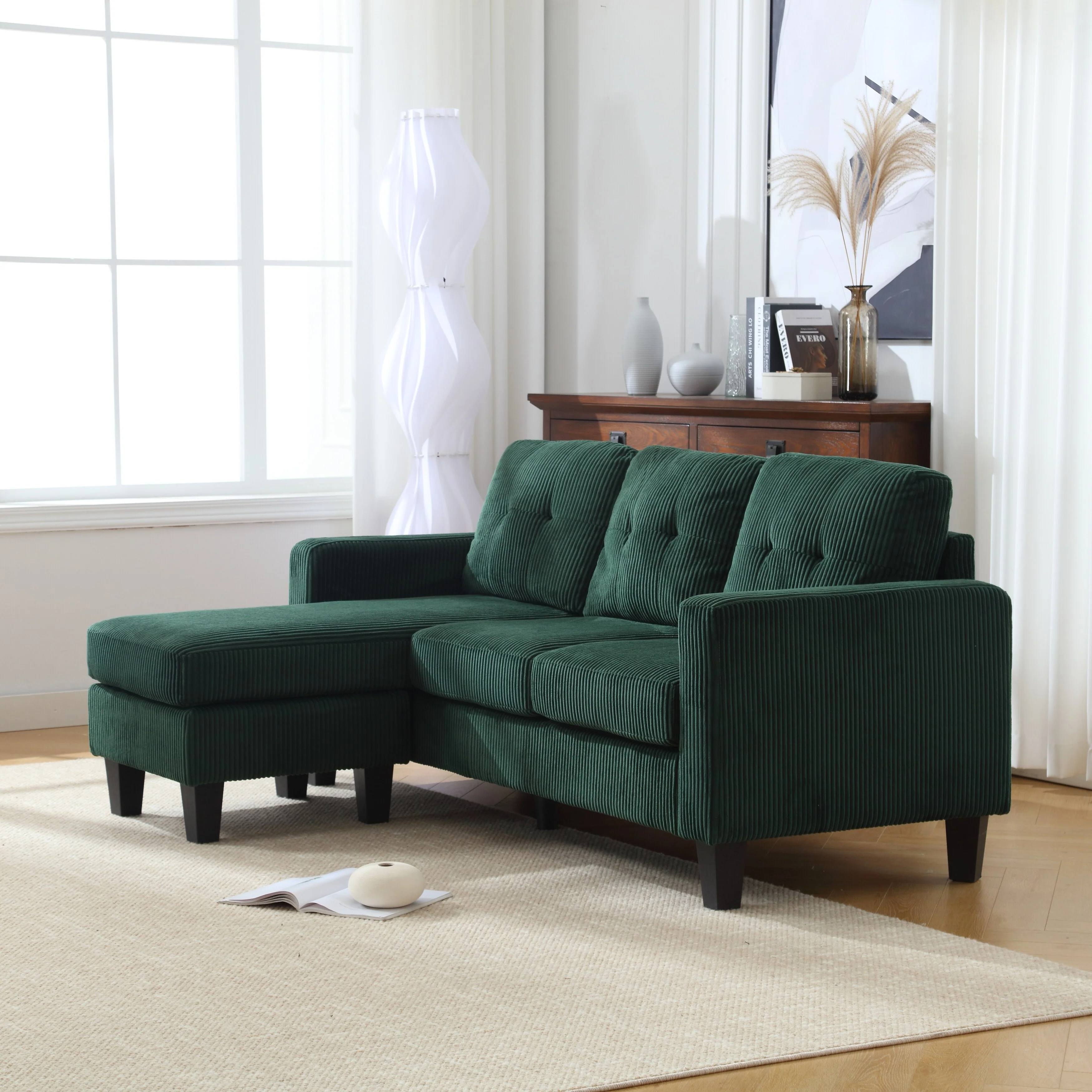 Green 73.62'' Velvet L-Shaped 3 Seater Sofa Couch with Reversible Chaise, for Small Spaces, Pet-Friendly, Easy Assembly