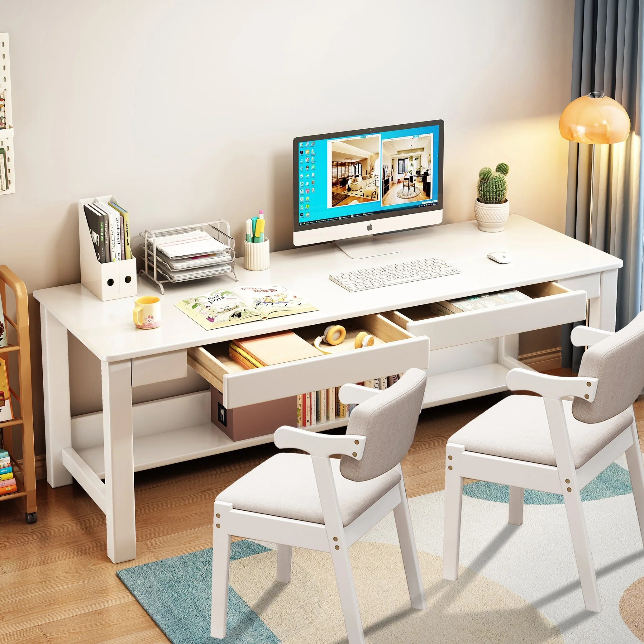 Wooden Desk and Chair Set, Extra Long Computer Desk 2 Person Desk, Double Office Desk