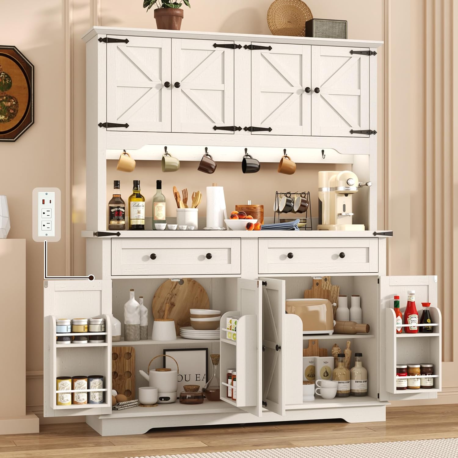 71 Tall Large Pantry Storage Cabinet w/Power Outlet,55 Wide Farmhouse Kitchen Hutch Storage Cabinet w/Barn Doors,2 Drawer,Large Countertop,LED Light,Rustic Coffee Bar,6 Hooks,8 Doors Shelves