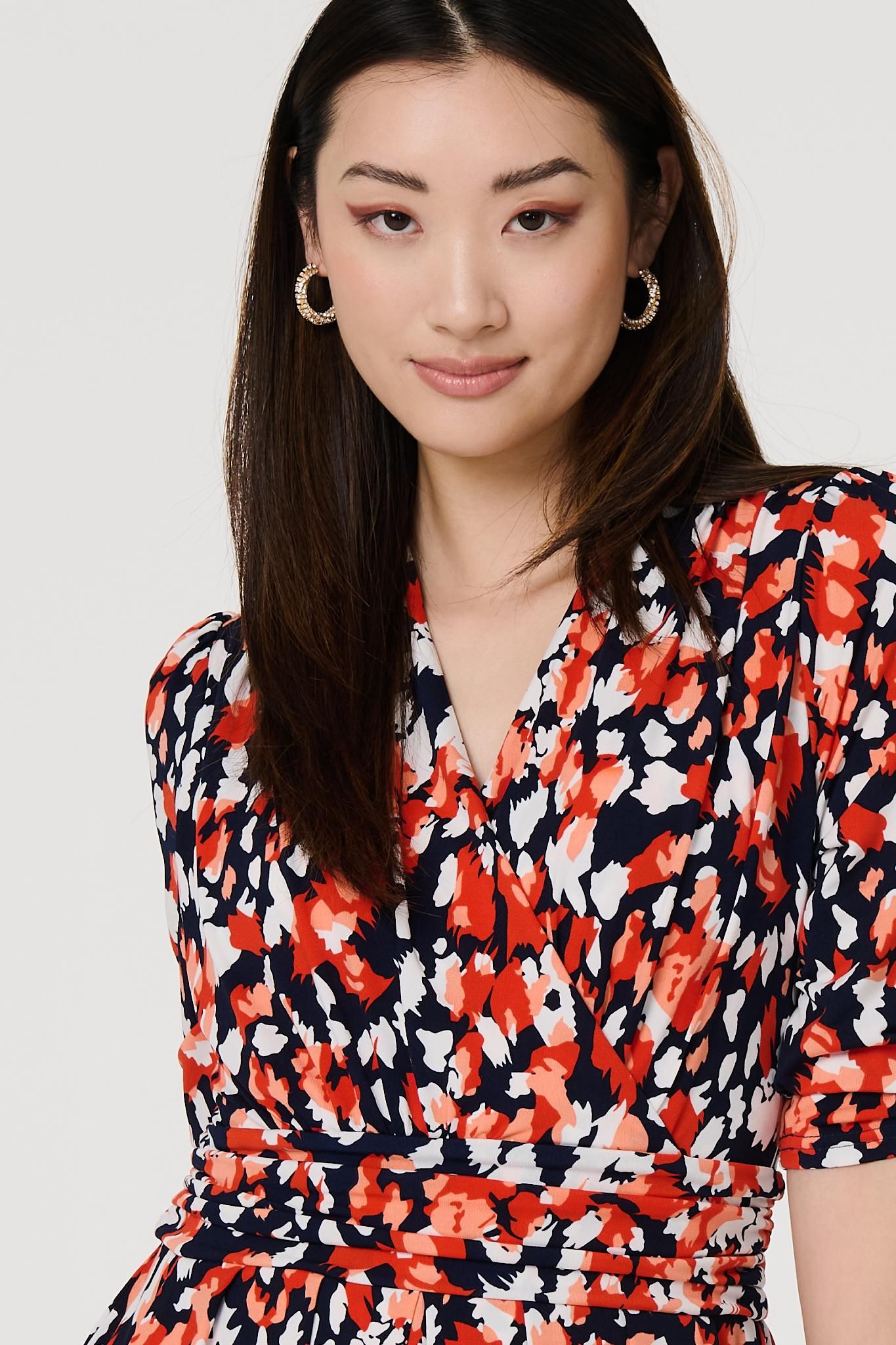 Izabel London Printed 3/4 Sleeve V-Neck Midi Wrap Dress