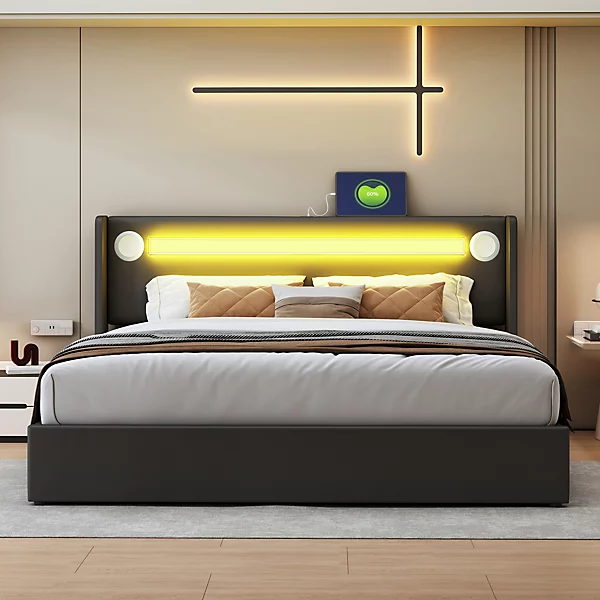 Lit rembourré 160 sur 200 avec éclairage LED lecteur Bluetooth port USB rangement en cuir PU sommier inclus noir élégant