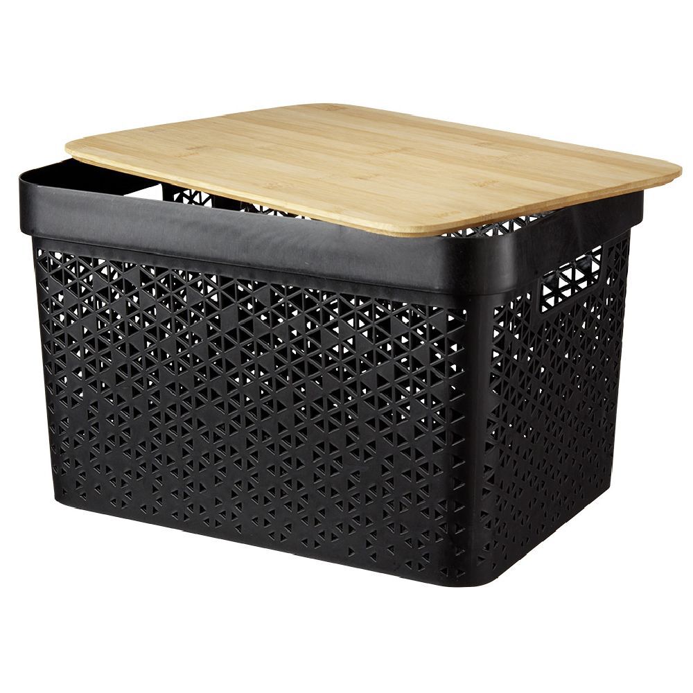 Panière noire avec couvercle bambou naturel H21,5 cm