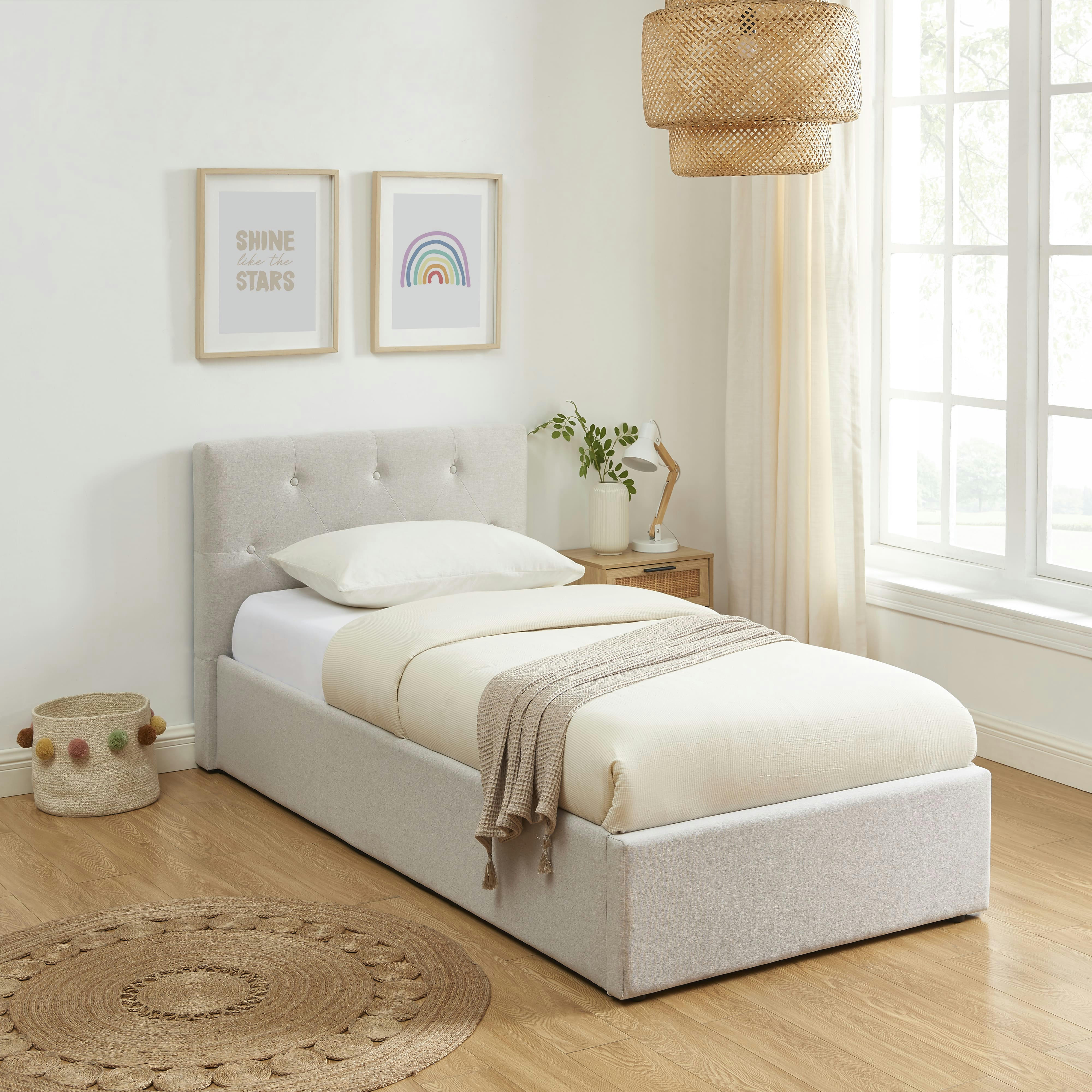 BAHIA - Lit coffre  tissu beige lin 90x190 sommier inclus