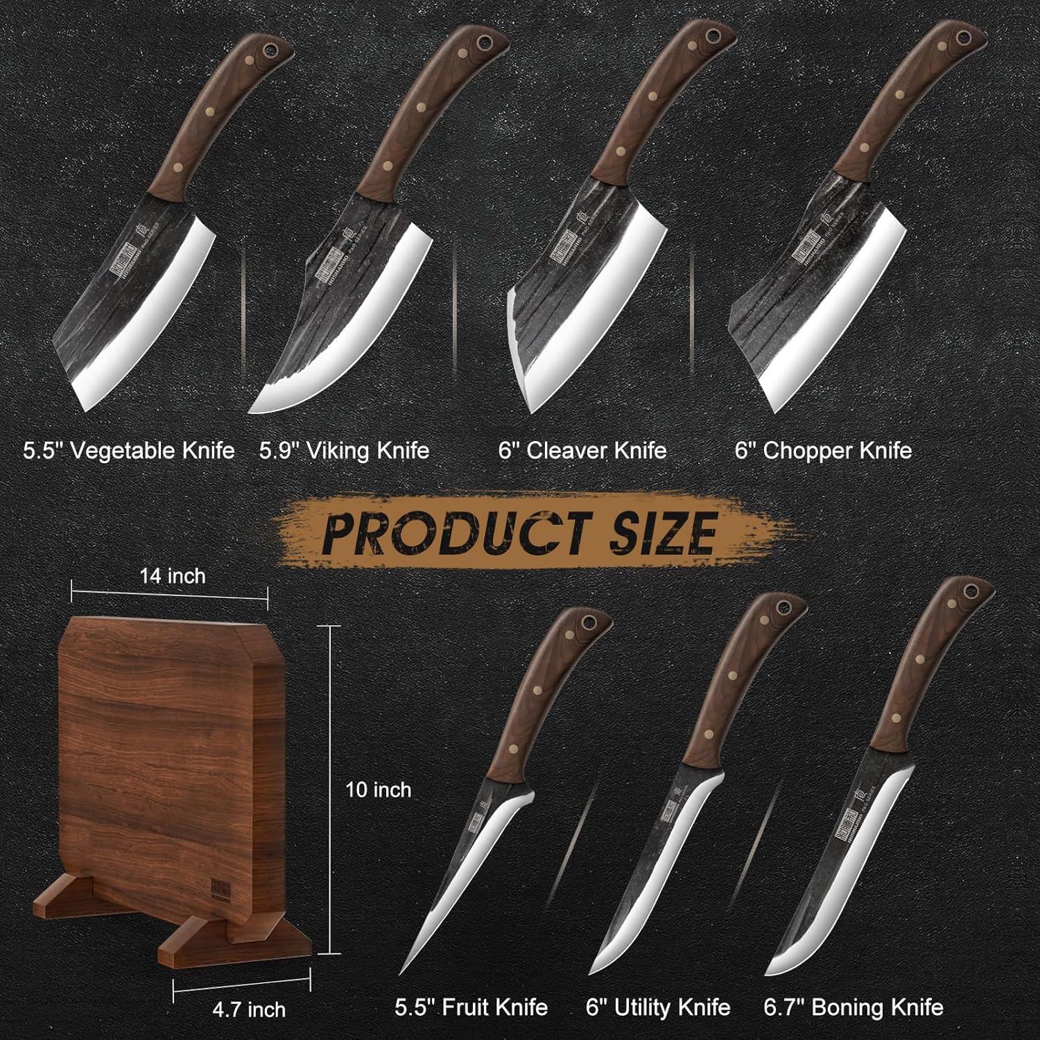 HOSHANHO 8 Pieces Butcher Kitchen Knife Set, Hand Forged High Carbon Stainless Steel Magnetic Knife Block Set, Ultra Sharp Chef Knives Set with Meat Cleaver Knife & Bone Chopper Knives Gift for Men