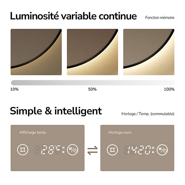 EMKE Miroir LED lumineux salle de bain rond 80cm Cadre Noir,Interrupteur Tactile,Anti-buée, Horloge et Temperature,Lumière Neutre