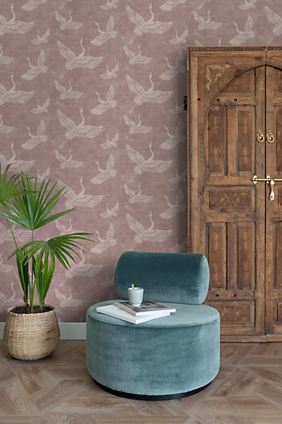 ESTAhome papier peint oiseaux de grue vieux rose 50 x 900 cm