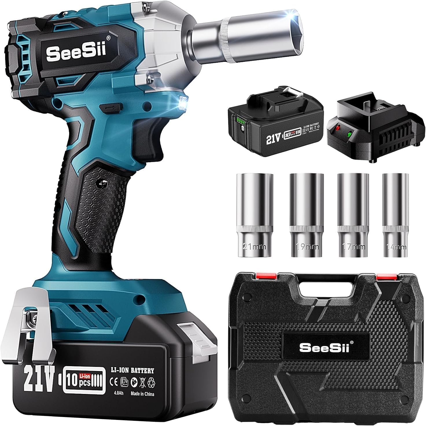 Seesii 3/8 Cordless Impact Wrench, Power Impact Gun w/Max Torque 330Ft-lbs(450N.m), 4.0Ah Rechargable Battery & 4 Sockets, Compact Power Impact Wrench for Lightduty Work Car Home,WH450