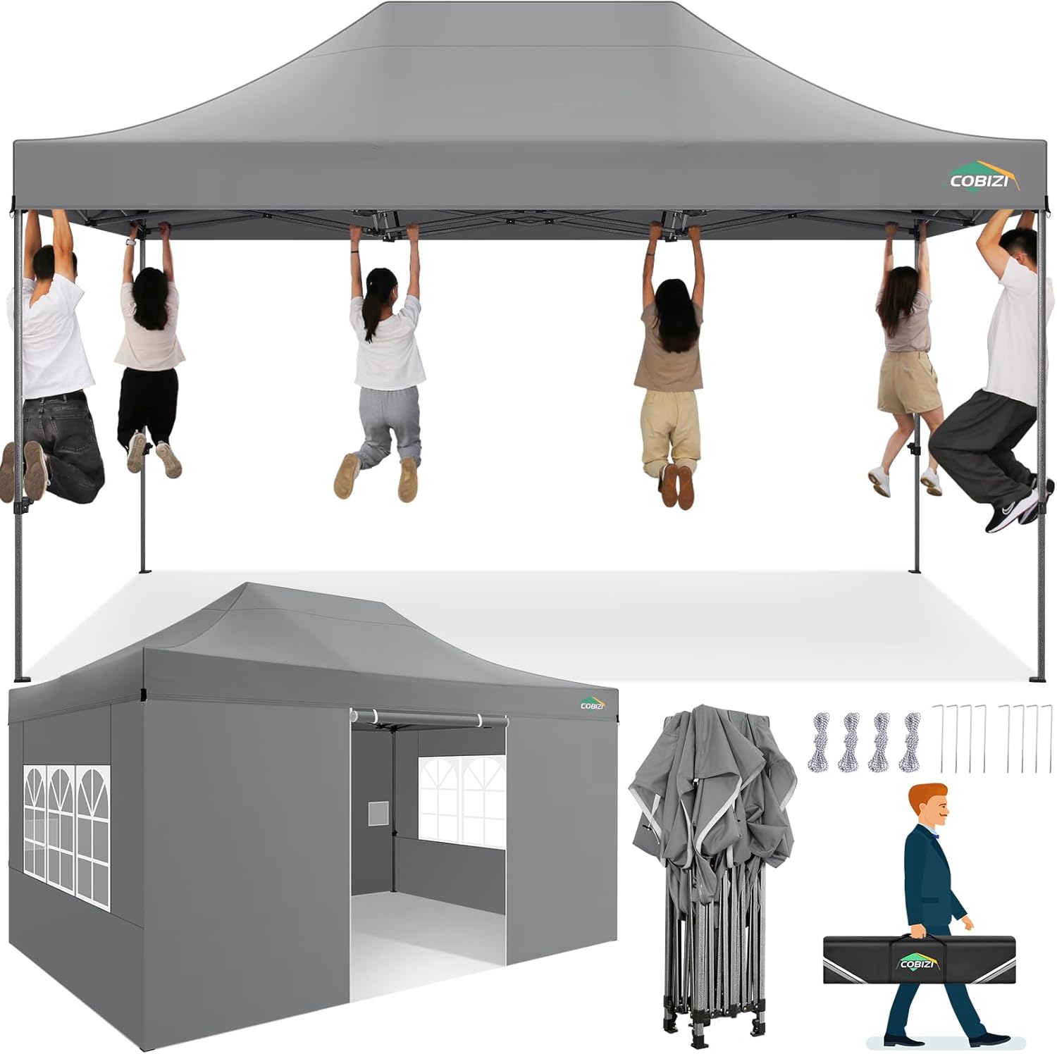 COBIZI 10x15 Heavy Duty Pop up Canopy Tent with 4 sidewalls  Commercial Outdoor Tents for Parties Backyard Event  Wedding  All Season Waterproof Event Shelter with Carry Bag  Gray(Frame Thickened)